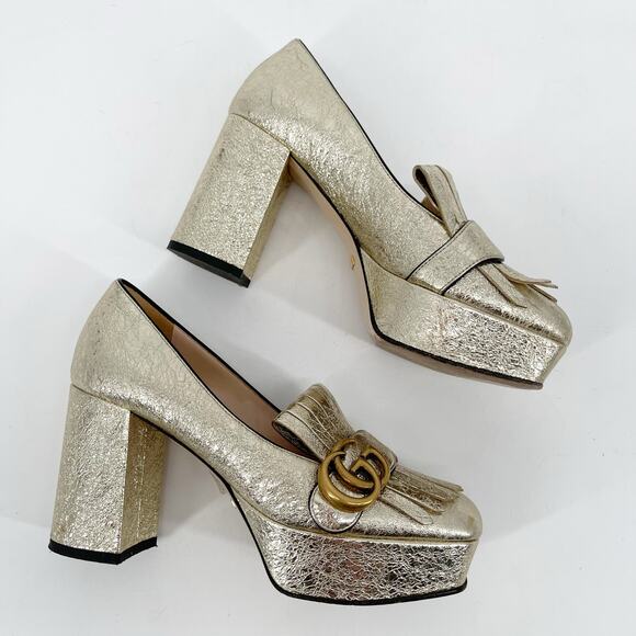 Gucci Gold Metallic Crackled Leather GG Marmont Fringe Platform Heels EU 36 - Picture 5 of 16